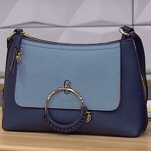 Carlos Santana Chambray Navy Blue Top Zip Crossbody Bag with Gold Tone Hardware